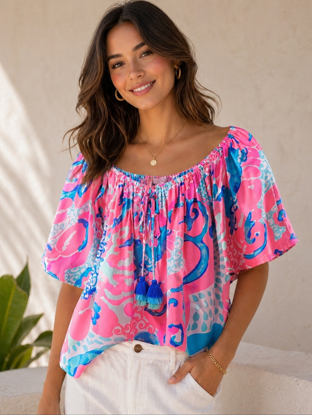 Lilly Pulitzer Sain Top Off The Shoulder Coral Reef Im So Jelly Women's XS